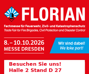 Visualisierte Messeszene zur FLORIAN 2026 mit digitaler Ausbildungsplanung und FireCircle-Hinweis auf Halle 2, Stand D-27