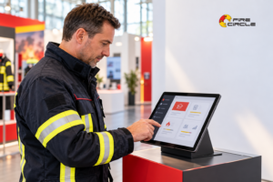 Symbolische Darstellung einer Feuerwehr-Führungskraft an einem digitalen Ausbildungsdisplay mit FireCircle-Logo